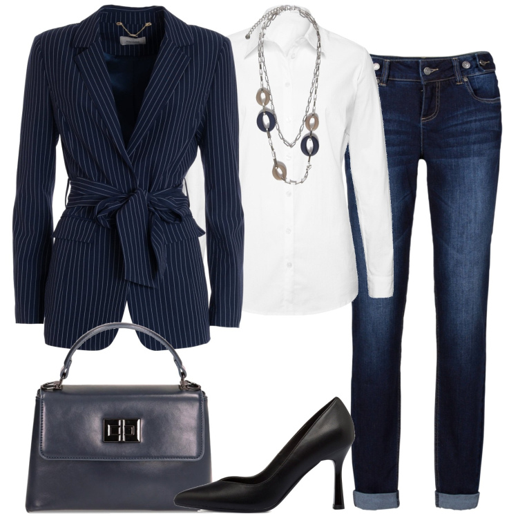 Outfit donna - City. Stile Casual chic per Tutti i giorni. Abbinamento con jeans boyfriend, camicie, blazer, borse a mano, décolleté, ciondoli.