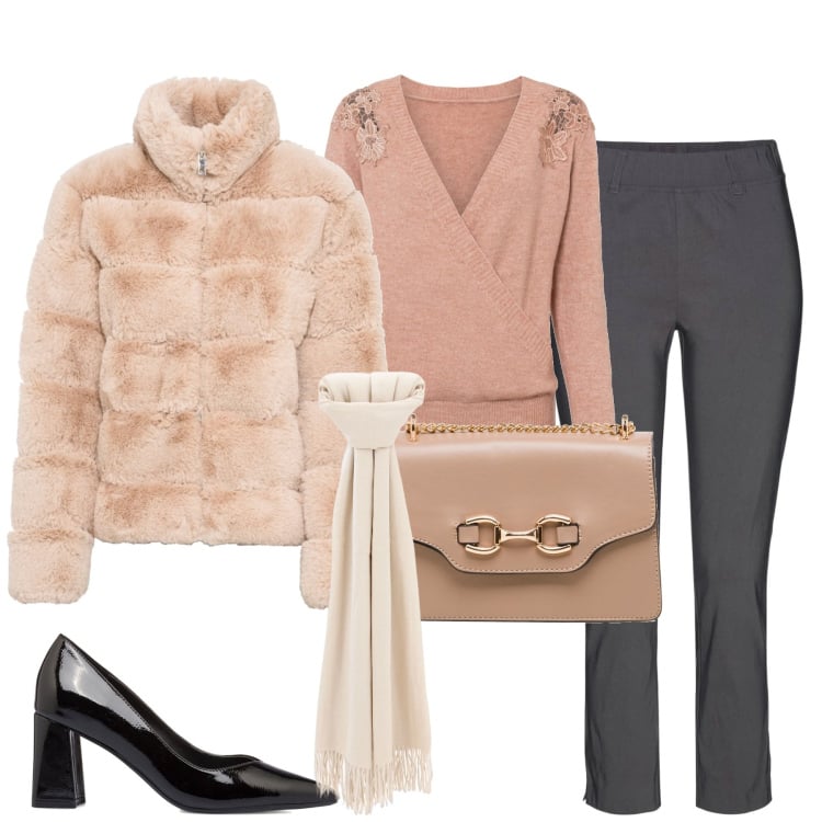 Outfit donna - In città. Stile Casual chic per Tutti i giorni. Abbinamento con maglieria, pantaloni, ecopellicce, sciarpe, décolleté, borse a tracolla.