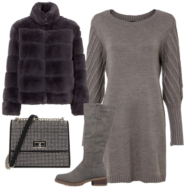 Outfit donna - A cena. Stile Casual chic per Serata fuori. Abbinamento con ecopellicce, vestiti, borse a tracolla, stivali sopra il ginocchio.