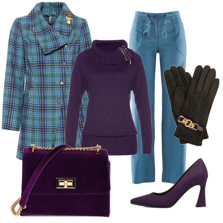 Outfit donna - Giro in centro. Stile Casual chic per Tutti i giorni. Abbinamento con pantaloni a palazzo, cappotti, maglieria, borse a tracolla, guanti, décolleté.