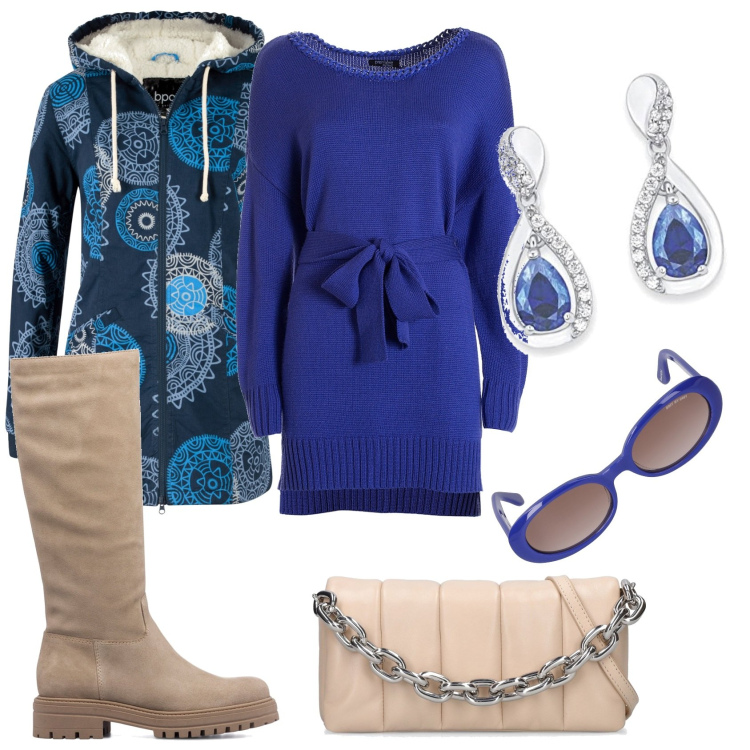 Outfit donna - Vestito bluette e capotto fantasia. Stile Glamour per Tutti i giorni. Abbinamento con parka, vestiti midi/longuette, stivali sopra il ginocchio, orecchini, occhiali da sole, borse a spalla.