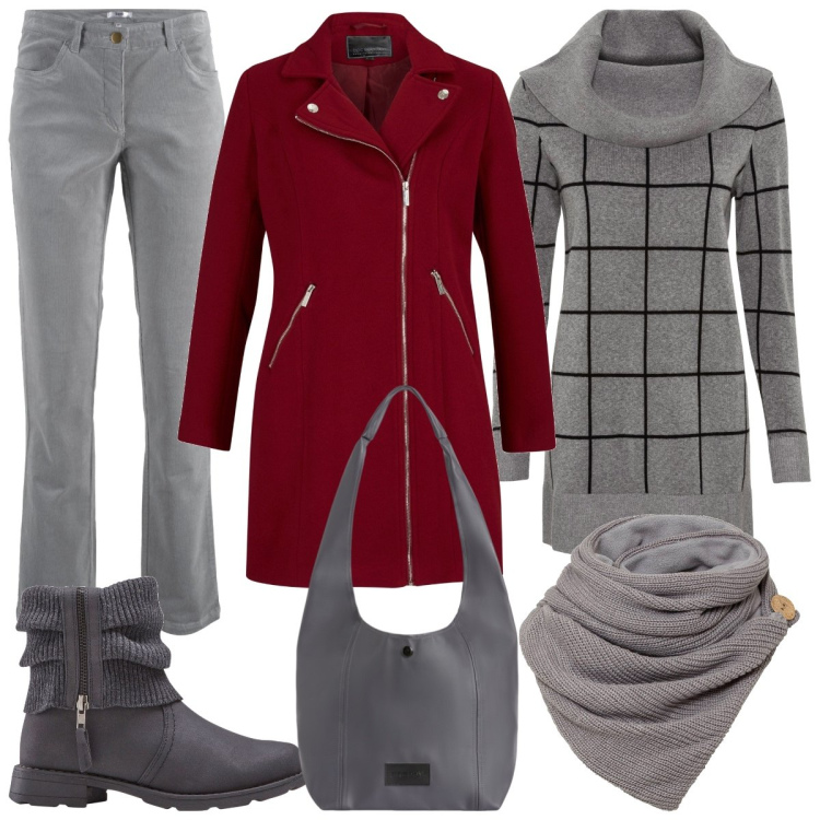 Outfit donna - Grigio e bordeaux. Stile Casual per Tutti i giorni. Abbinamento con maglieria, pantaloni, foulard, stivaletti, cappotti, borse a spalla.