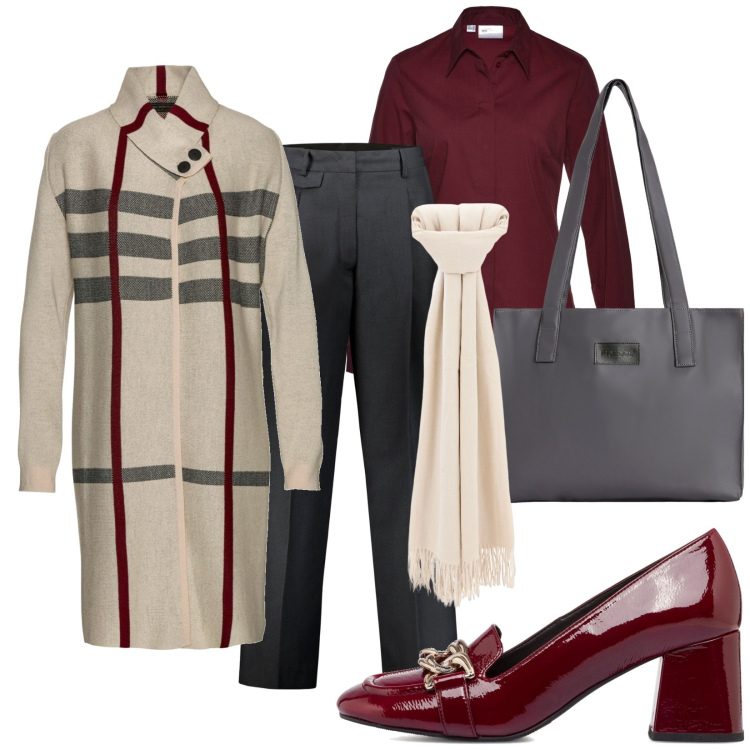 Outfit donna - Cardigan oversize. Stile Urban per Ufficio. Abbinamento con camicie, cardigans, sciarpe, shopping bag, décolleté, pantaloni.