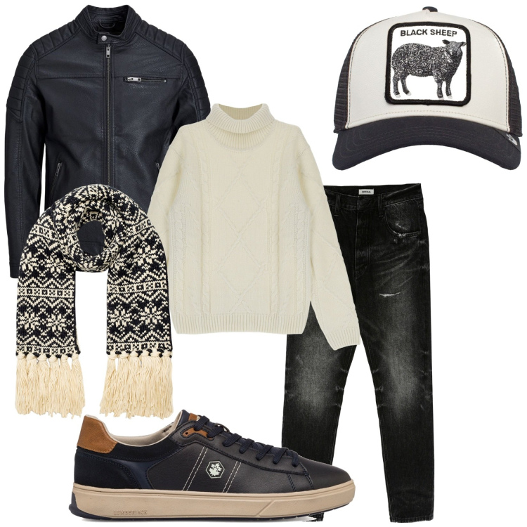 Outfit uomo - Black sheep. Stile Urban per Tutti i giorni. Abbinamento con jeans slim fit, maglieria, sciarpe, cappotti, sneakers, cappelli.