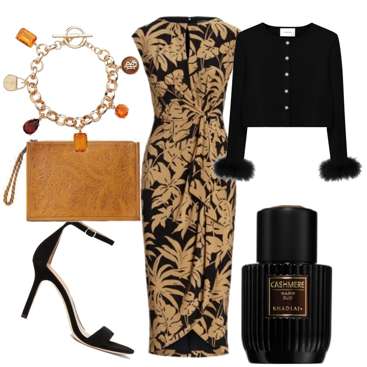 Outfit donna - Serata. Stile Glamour per Serata fuori. Abbinamento con profumi, vestiti, clutch, sandali col tacco, braccialetti con ciondoli, blazer.