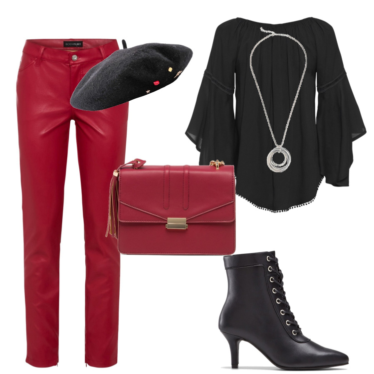 Outfit donna - La classe del bordeaux e nero. Stile Chic per Ufficio. Abbinamento con cappelli e berretti, bluse, pantaloni, stivaletti, collane, borse a tracolla.