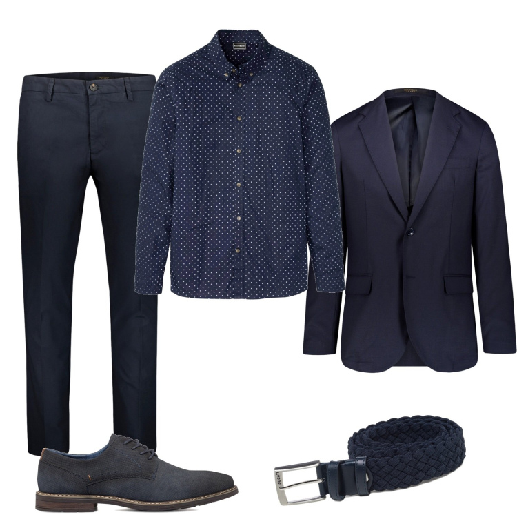 Outfit uomo - Total blu. Stile Trendy per Serata speciale. Abbinamento con camicie, cinture, scarpe stringate, pantaloni, giacche.
