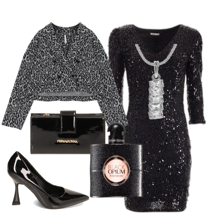 Outfit donna - Nero chic. Stile Chic per Cerimonia. Abbinamento con profumi, vestiti corti, blazer, décolleté, portafogli, ciondoli.