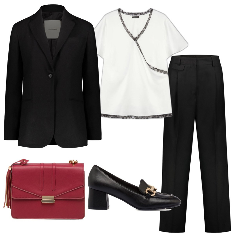 Outfit donna - La blusa col merletto. Stile Mannish per Ufficio. Abbinamento con décolleté, borse a tracolla, pantaloni, blazer, bluse.