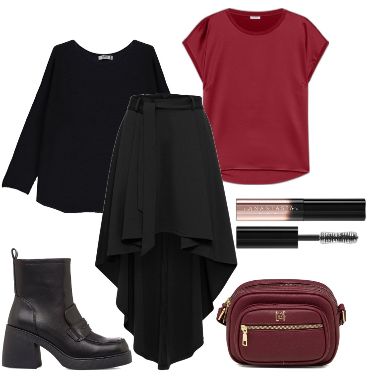 Outfit donna - La gonna con lo strascico. Stile Trendy per Serata fuori. Abbinamento con gonne, mascara, maglieria, stivaletti, borse a tracolla, bluse.