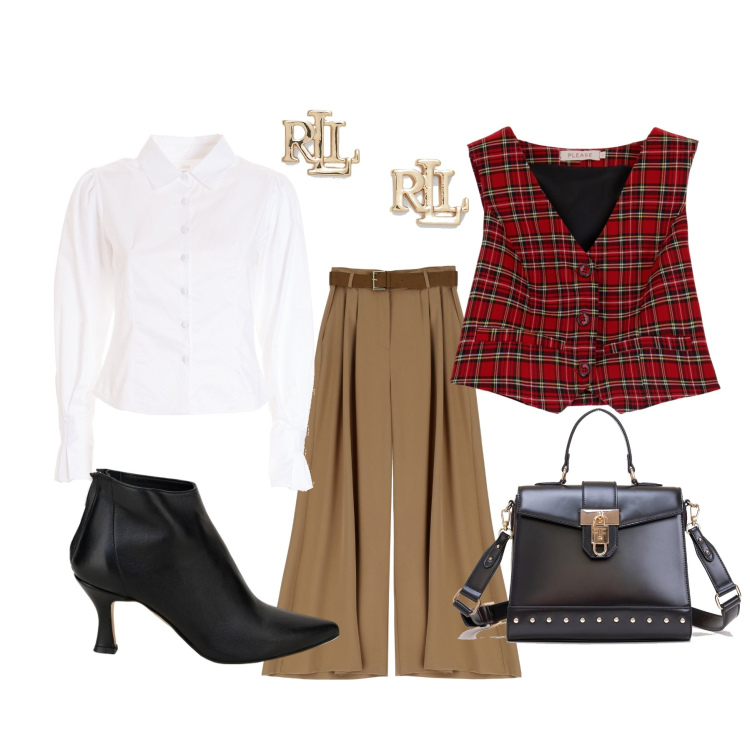 Outfit donna - In ufficio. Stile Bon Ton per Ufficio. Abbinamento con borse tote, camicie, gilet, pantaloni a palazzo, stivaletti, orecchini.