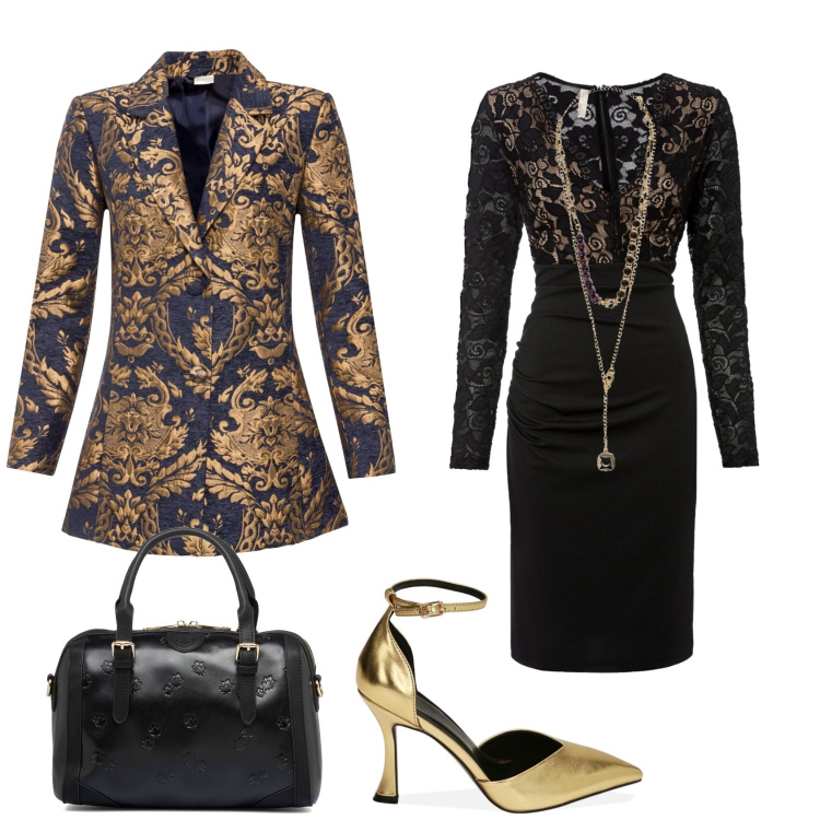 Outfit donna - Super chic x le feste. Stile Chic per Serata fuori. Abbinamento con vestiti, cappotti, décolleté, borse a mano, collane.