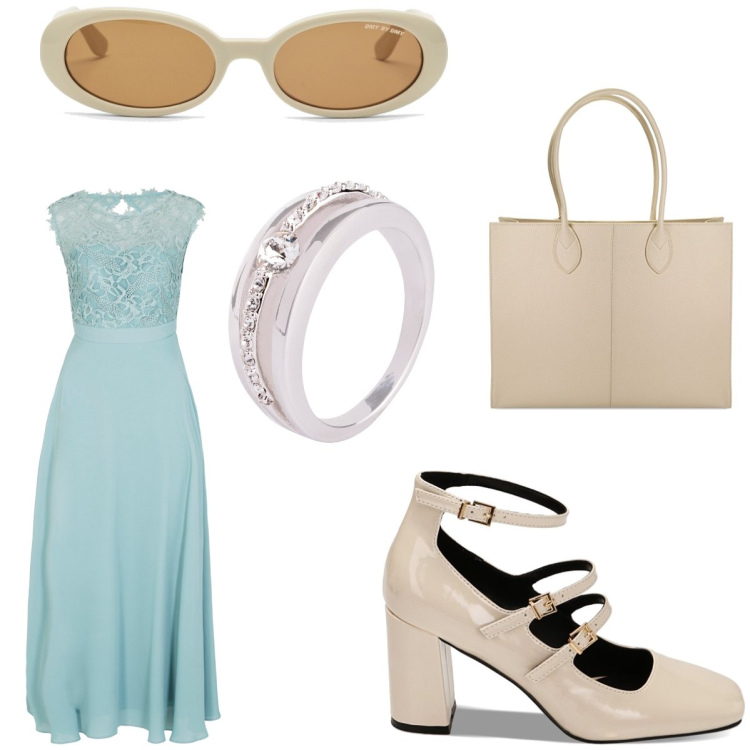 Outfit donna - Battesimo. Stile Casual chic per Cerimonia. Abbinamento con décolleté, borse a spalla, vestiti lunghi, anelli, occhiali da sole.