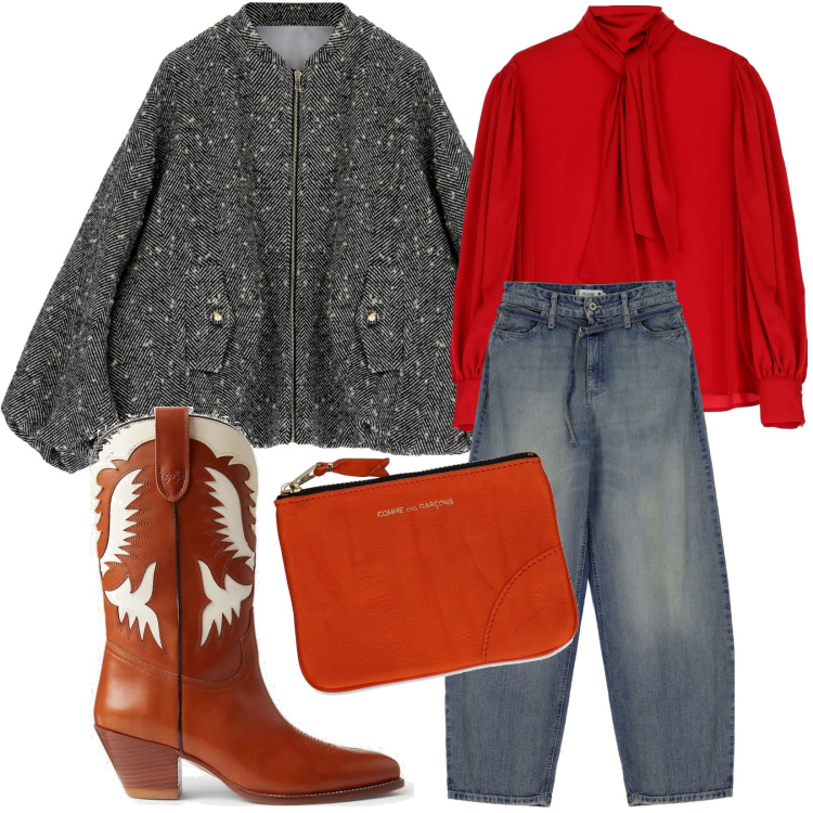 Outfit donna - Buon anno. Stile 70s per Tutti i giorni. Abbinamento con jeans, cappotti, camicie, stivaletti texani, portafogli.