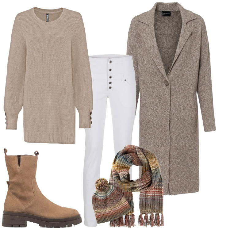 Outfit donna - Pantaloni bianchi. Stile Casual per Tutti i giorni. Abbinamento con cappotti, maglieria, sciarpe, pantaloni skinny, stivaletti.