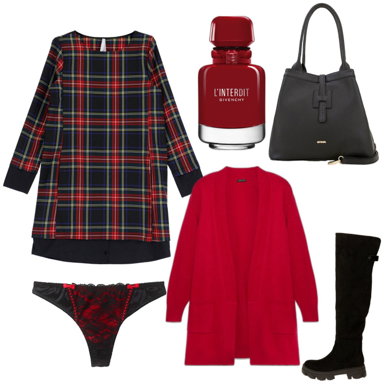 Outfit donna - Tartan in rosso. Stile Rock per Tutti i giorni. Abbinamento con perizomi, profumi, vestiti corti, borse a secchiello, stivali, cardigans.