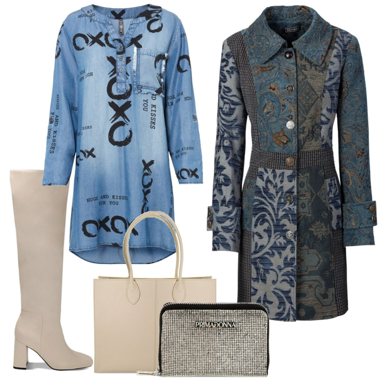 Outfit donna - Vestito curvy. Stile Trendy per Tutti i giorni. Abbinamento con cappotti, vestiti, stivali sopra il ginocchio, portafogli, borse a spalla.