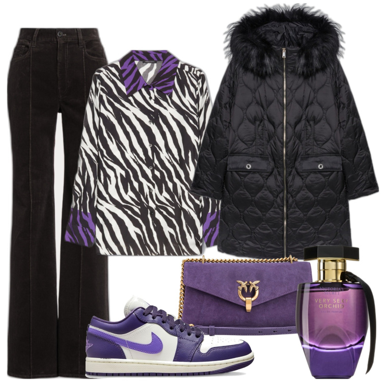 Outfit donna - Curvy serata informale. Stile Chic per Serata fuori. Abbinamento con profumi, borse a spalla, pantaloni, sneakers, camicie, piumini.