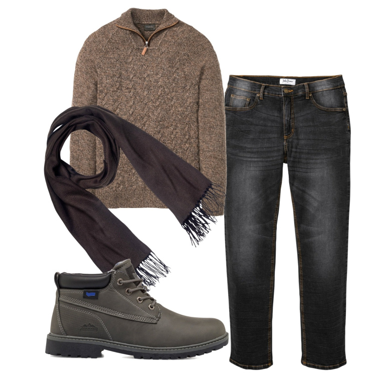 Outfit uomo - Legno e carbone. Stile Casual per Tutti i giorni. Abbinamento con maglieria, jeans dritti, stivali e stivaletti, sciarpe.