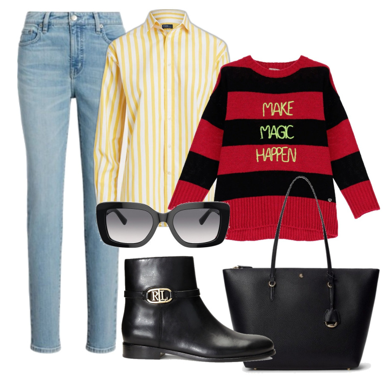 Outfit donna - Sopra le righe. Stile Casual chic per Tutti i giorni. Abbinamento con maglieria, camicie, borse tote, jeans skinny, stivaletti, occhiali da sole.