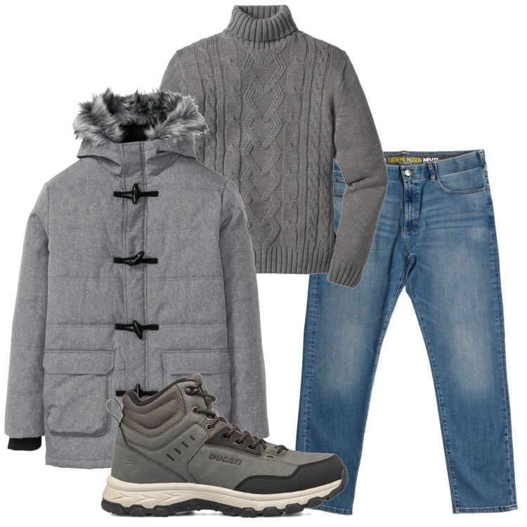 Outfit uomo - Trecce e collo alto. Stile Urban per Tutti i giorni. Abbinamento con maglieria, piumini, jeans slim fit, stivali e stivaletti.