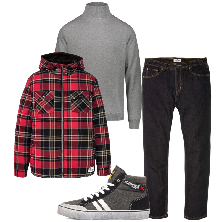 Outfit uomo - Pomeriggio. Stile Urban per Tutti i giorni. Abbinamento con jeans dritti, cappotti, sneakers alte, maglieria.