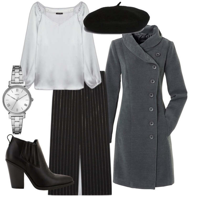 Outfit donna - Classico grigio. Stile Casual chic per Ufficio. Abbinamento con cappotti, stivaletti, bluse, pantaloni, cappelli e berretti, orologi.