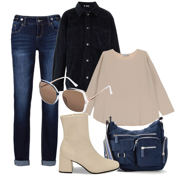 Outfit donna - Vacanze di natale. Stile Casual chic per Tutti i giorni. Abbinamento con borse a tracolla, jeans boyfriend, blazer, occhiali da sole, maglieria, stivaletti.