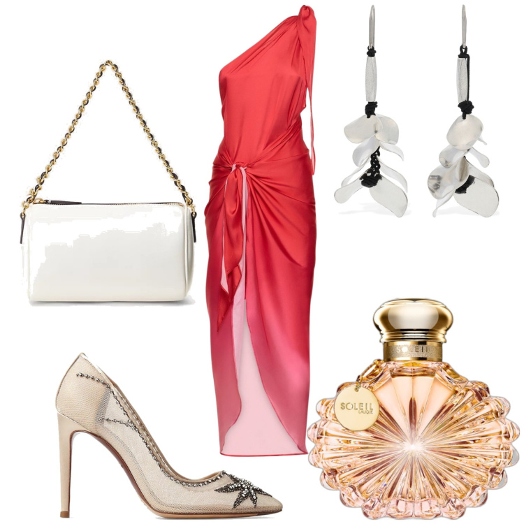 Outfit donna - La magia delle feste. Stile Chic per Cerimonia. Abbinamento con profumi, décolleté, borse a spalla, vestiti, orecchini.