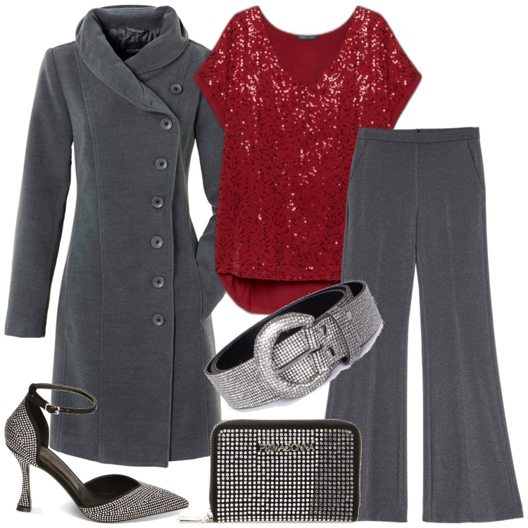 Outfit donna - Serata luminosa. Stile Glamour per Serata fuori. Abbinamento con cappotti, pantaloni, décolleté, portafogli, t-shirt, cinture.