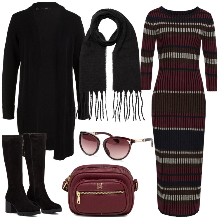 Outfit donna - Righe. Stile Casual chic per Tutti i giorni. Abbinamento con cardigans, occhiali da sole, vestiti lunghi, borse a tracolla, stivali, sciarpe.