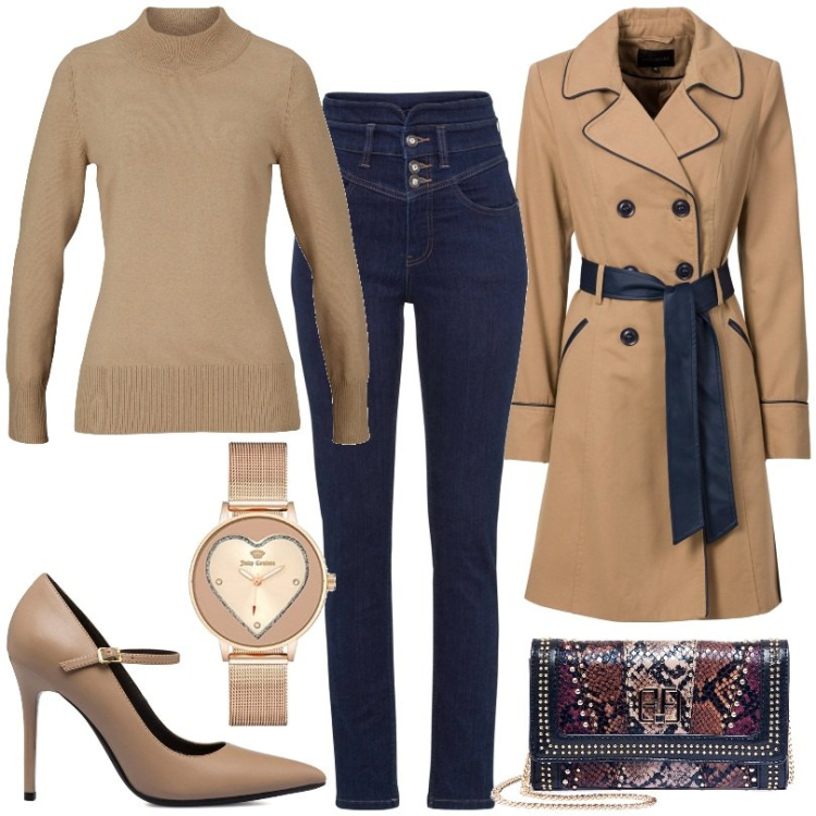 Outfit donna - Gli accessori sono vitali per il tuo set. Stile Casual per Ufficio. Abbinamento con trench, maglieria, jeans skinny, pochette, décolleté, orologi.