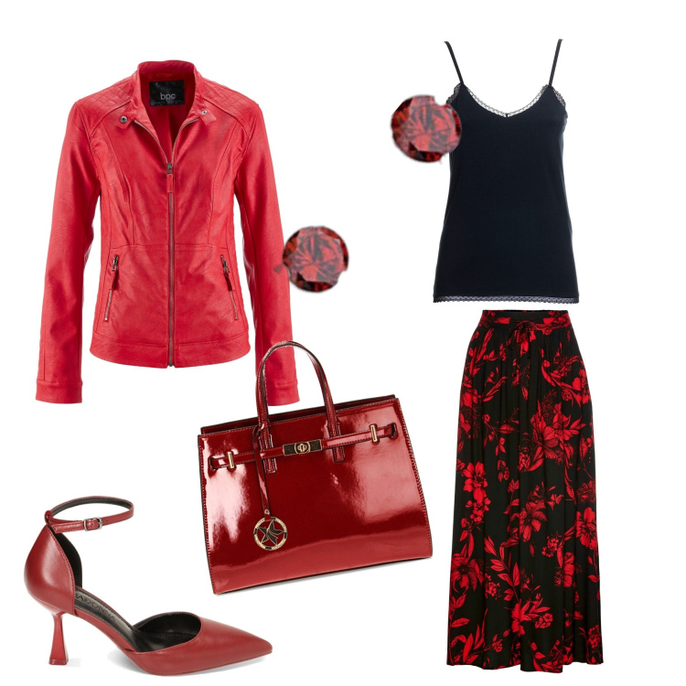 Outfit donna - Rosso. per Tutti i giorni. Abbinamento con gonne lunghe, blazer, canottiere, borse a mano, décolleté, orecchini.