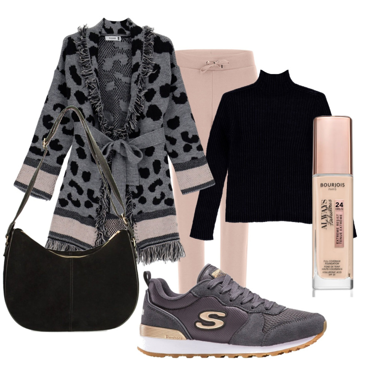 Outfit donna - Alla ricerca dei primi saldi. Stile Casual chic per Tutti i giorni. Abbinamento con sneakers, fondotinta, cardigans, pullovers, pantaloni, borse a spalla.