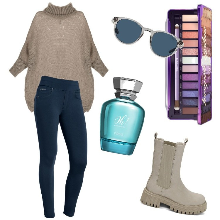 Outfit donna - -Dicembre. Stile Urban per Tutti i giorni. Abbinamento con ombretti, profumi, maglieria, pantaloni skinny, stivaletti chelsea, occhiali da sole.