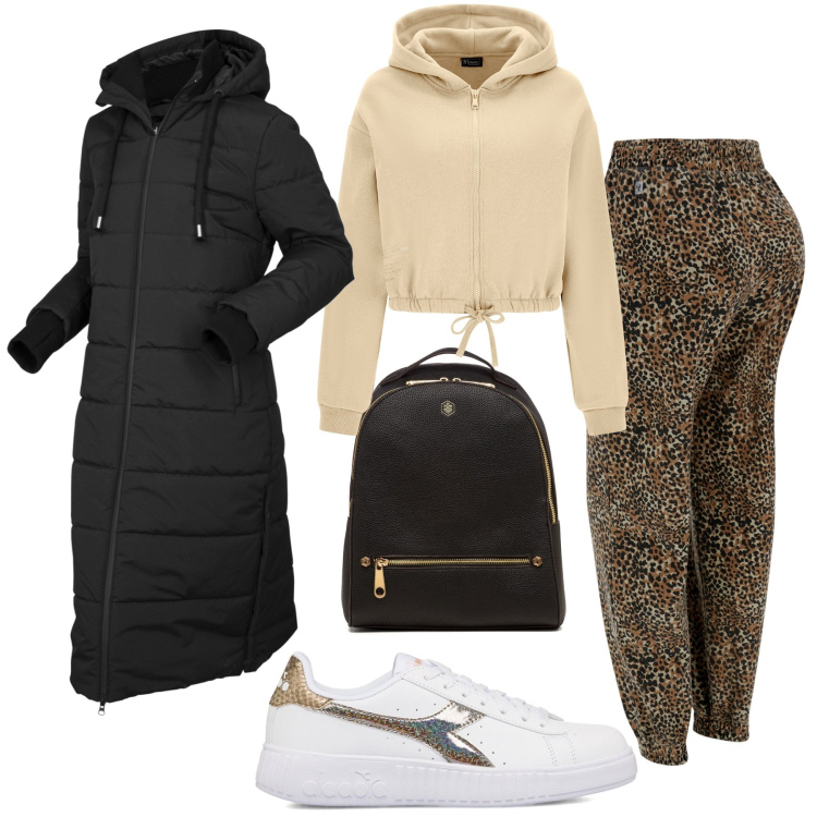 Outfit donna - Comoda di giorno. Stile Casual per Tutti i giorni. Abbinamento con blazer, pantaloni, felpe con cappuccio, sneakers, zaini.