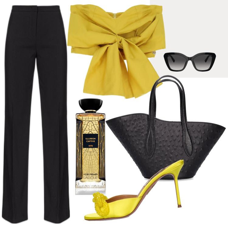 Outfit donna - Easy chic. Stile Chic per Serata fuori. Abbinamento con profumi, pantaloni, top, occhiali da sole, pantofole, borse a mano.