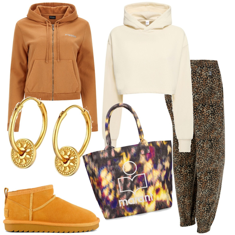 Outfit donna - Total look #1788305. Stile Casual per Tutti i giorni. Abbinamento con pantaloni, felpe con cappuccio, stivali, felpe con cappuccio, shopping bag, orecchini.