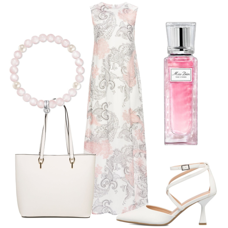 Outfit donna - Pink romantic. Stile Romantica per Serata fuori. Abbinamento con vestiti lunghi, profumi, décolleté, borse a spalla, braccialetti.