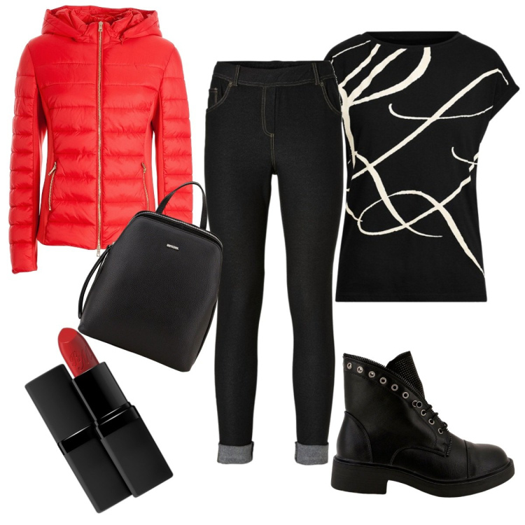 Outfit donna - Piumino rosso. Stile Minimal per Tutti i giorni. Abbinamento con jeggings, rossetti, piumini, stivaletti, zaini, maglieria.
