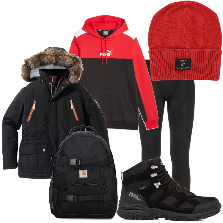 Outfit uomo - Ossigenarsi in montagna. Stile Casual per Sport. Abbinamento con parka, berretti, felpe con cappuccio, scarpe sportive, pantaloni, borse sportive.