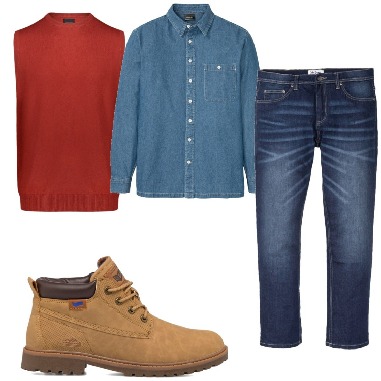 Outfit uomo - Total look #1788318. Stile Casual per Tutti i giorni. Abbinamento con jeans dritti, camicie, stivali e stivaletti, gilet.