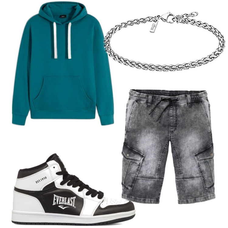 Outfit uomo - Total look #1788324. Stile Urban per Tutti i giorni. Abbinamento con felpe con cappuccio, bermuda, sneakers alte, braccialetti.