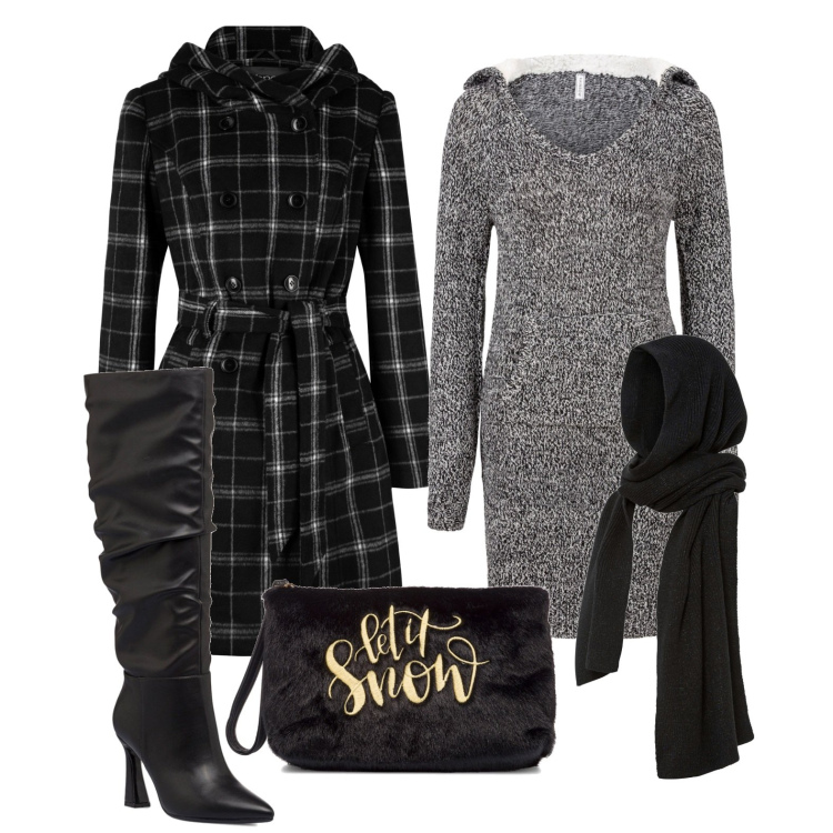Outfit donna - Ghost outfitter - dicembre. Stile Trendy per Tutti i giorni. Abbinamento con sciarpe, vestiti, cappotti, stivali sopra il ginocchio, pochette.