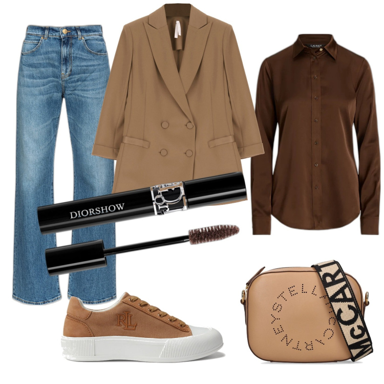 Outfit donna - Ciglia Dior. Stile Urban per Tutti i giorni. Abbinamento con mascara, jeans a zampa, cappotti, camicie, sneakers, borse a spalla.