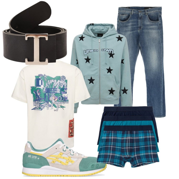 Outfit uomo - Total look #1788368. Stile Casual per Tutti i giorni. Abbinamento con boxer, jeans dritti, cinture, felpe con cappuccio, sneakers, t-shirt.
