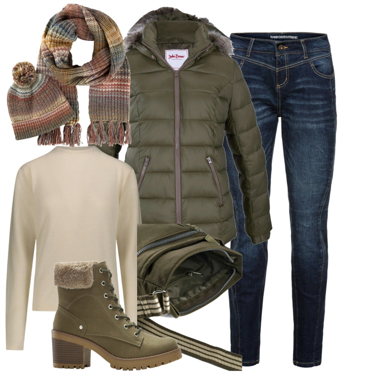 Outfit donna - In città. Stile Basic per Tutti i giorni. Abbinamento con jeans boyfriend, piumini, stivaletti, borse a tracolla, sciarpe, pullovers.