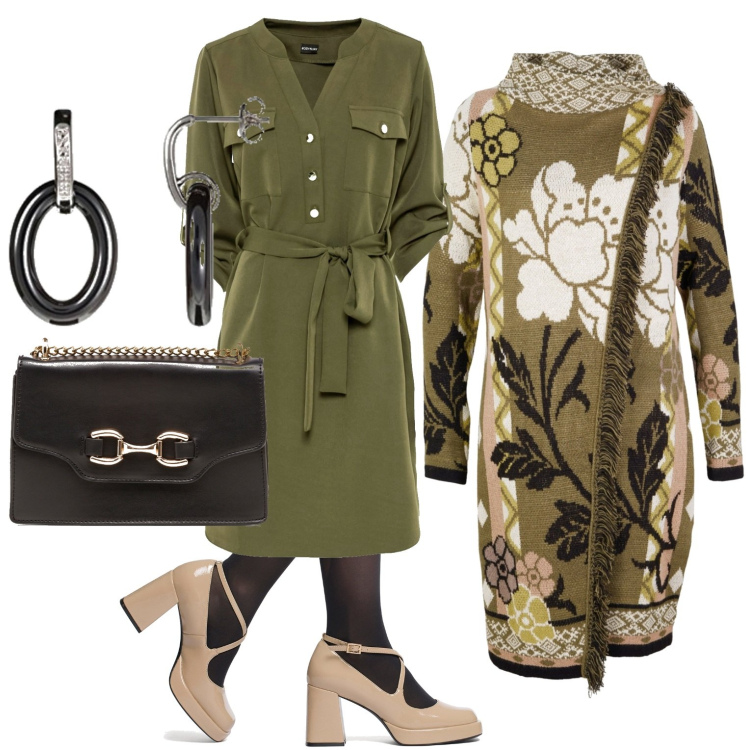 Outfit donna - Verde caldo. Stile Chic per Tutti i giorni. Abbinamento con cardigans, vestiti chemisier, décolleté, borse a tracolla, orecchini.