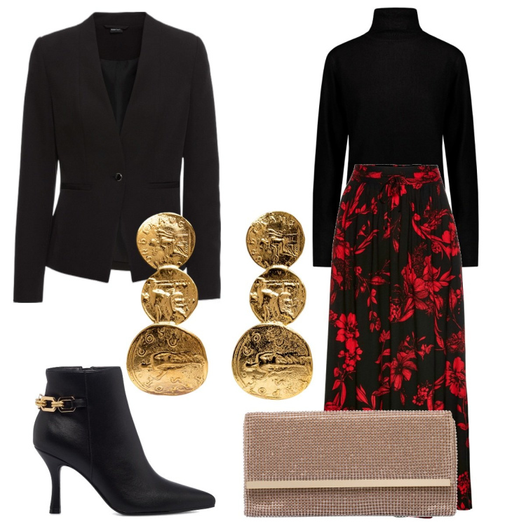 Outfit donna - Total look #1788388. Stile Chic per Serata fuori. Abbinamento con gonne lunghe, blazer, stivaletti, clutch, maglieria, orecchini.
