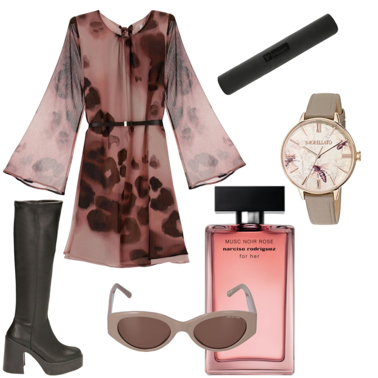 Outfit donna - Rosa antico. Stile 70s per Tutti i giorni. Abbinamento con profumi, vestiti corti, borse a spalla, stivali, orologi analogici, occhiali da sole.